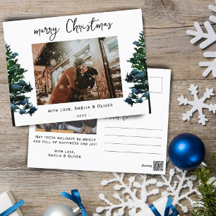 Pine Tree Watercolor Merry Christmas Script Photo Holiday Postcard