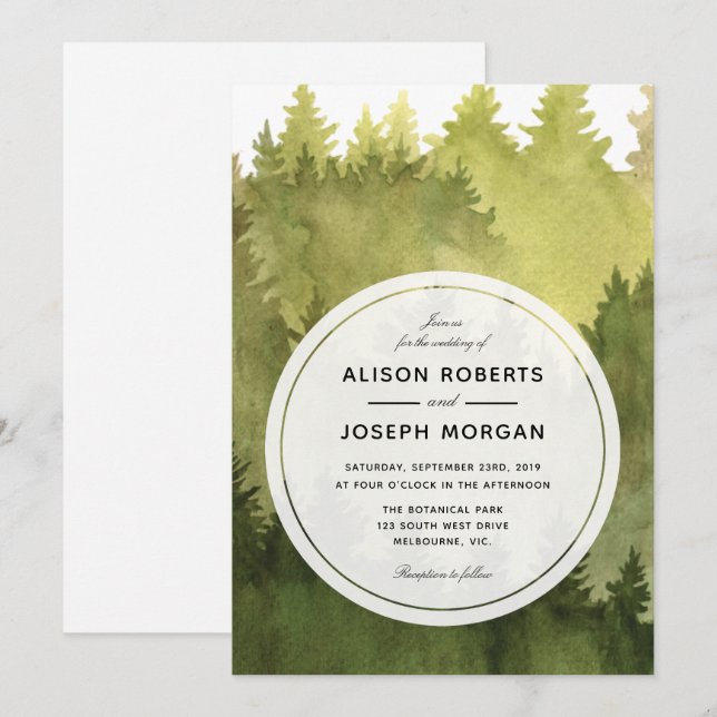 Pine tree watercolor wedding invitation (Front/Back)