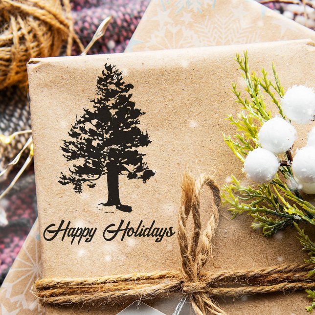 Pine Tree with Snow Script Happy Holiday Christmas Rubber Stamp (Creator Uploaded)