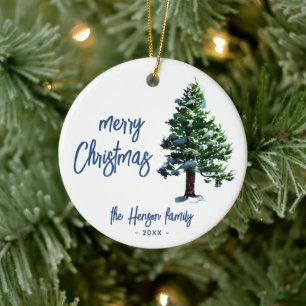 Pine Tree with Snow Watercolor Painting Christmas Ceramic Tree Decoration