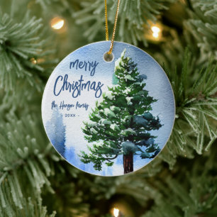 Pine Tree with Snow Watercolor Painting Christmas Ceramic Tree Decoration