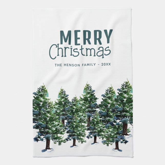 Pine Tree with Snow Watercolor Painting Christmas Tea Towel (Vertical)
