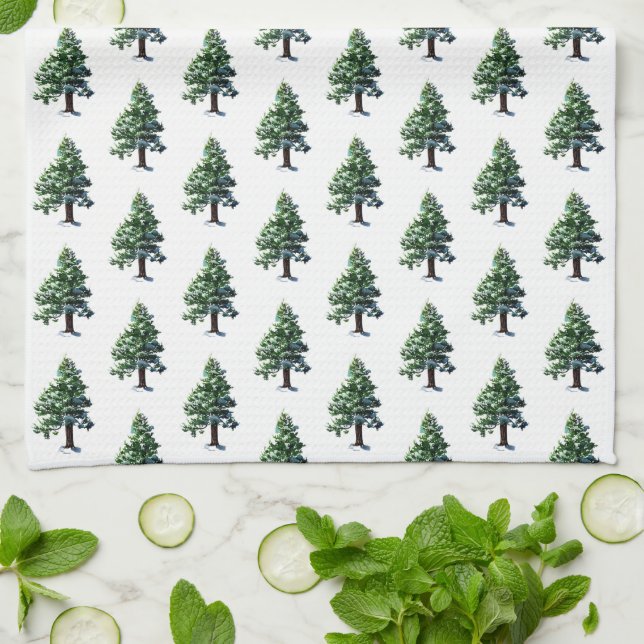 Pine Tree with Snow Watercolor Painting Pattern Tea Towel (Folded)
