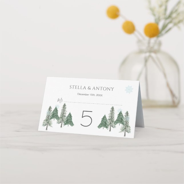Pine tree Woodland Winter Forest Wedding  Place Card (Front)