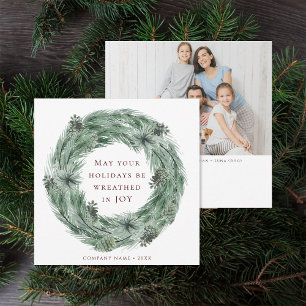 Pine Tree Wreath Family Photo Green & Red Holiday Card
