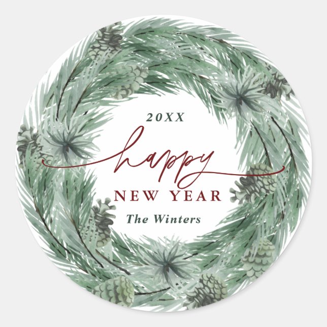 Pine Tree Wreath Happy New Year Classic Round Sticker (Front)
