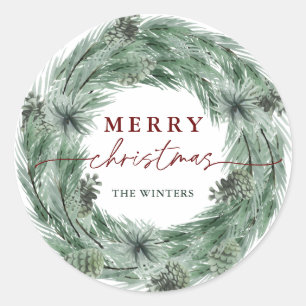 Pine Tree Wreath Merry Christmas Classic Round Sticker