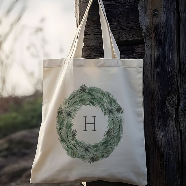 Pine Tree Wreath Monogram Tote Bag (Creator Uploaded)