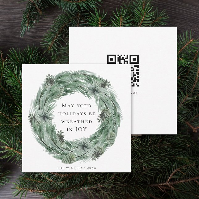 Pine Tree Wreath Square Holiday Card with QR Code (Front & Back)