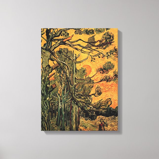 Pine Trees against a Red Sky and Setting Sun Canvas Print (Front)