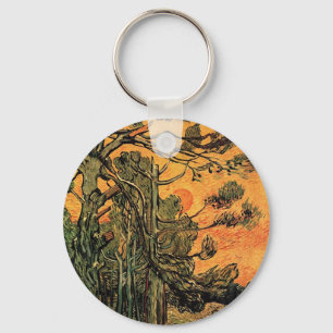Pine Trees against a Red Sky with Setting Sun. Key Ring