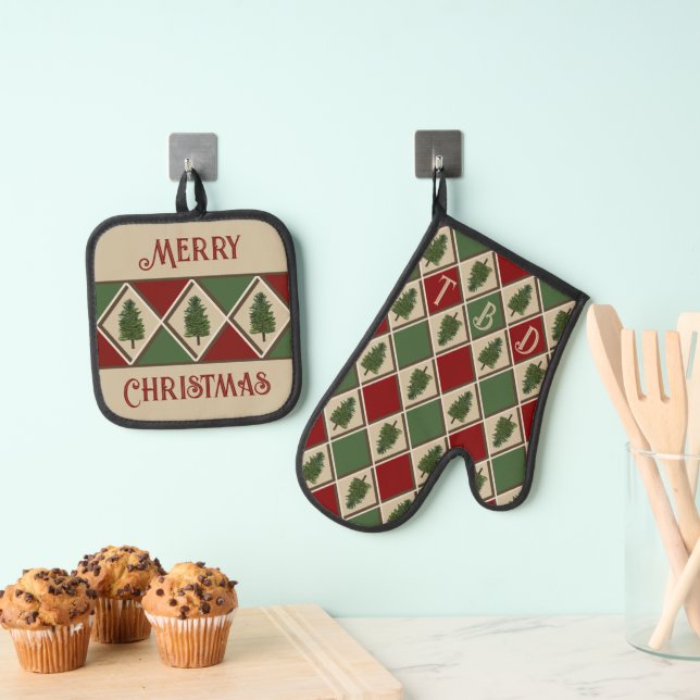 Pine Trees and Harlequin Oven Mitt & Pot Holder Set (Insitu(Hanging))