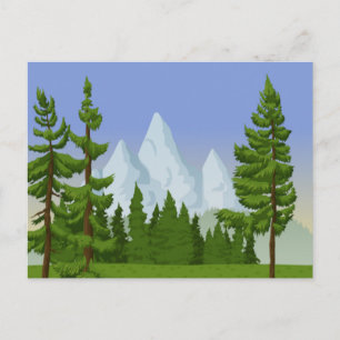 Pine trees and mountain scene postcard