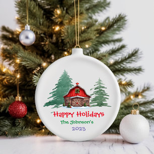 Pine Trees and Red Barn Winter Wonderland Ornament