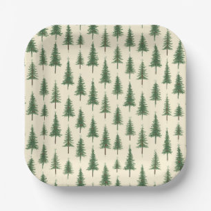 Pine Trees Beige Watercolor Christmas Holiday Paper Plate
