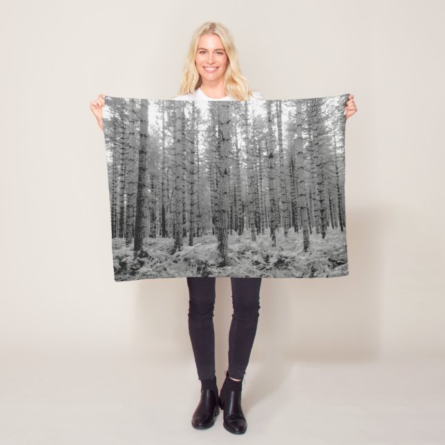Pine Trees Black and White Forest Photo Fleece Blanket (In Situ)