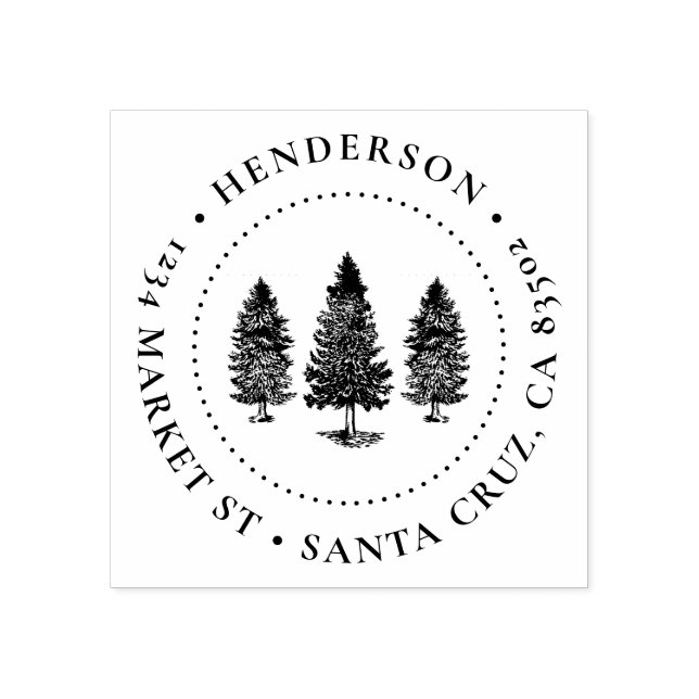 Pine Trees | Family Name Round Return Address Rubber Stamp (Imprint)