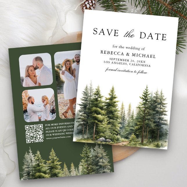 Pine Trees Forest Photo QR Code Wedding Save The Date (Creator Uploaded)
