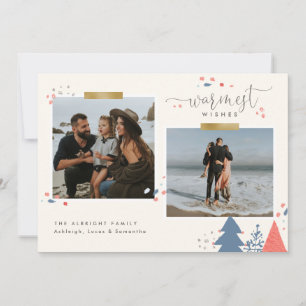 Pine Trees Gold Tape Warmest Wishes Two Photo Holiday Card