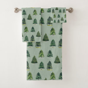Pine trees pattern Christmas Green Watercolor Bath Towel Set