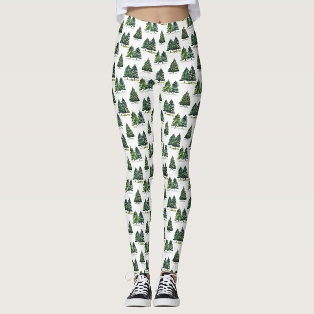 Pine trees pattern Christmas Green Watercolor Leggings (Front)