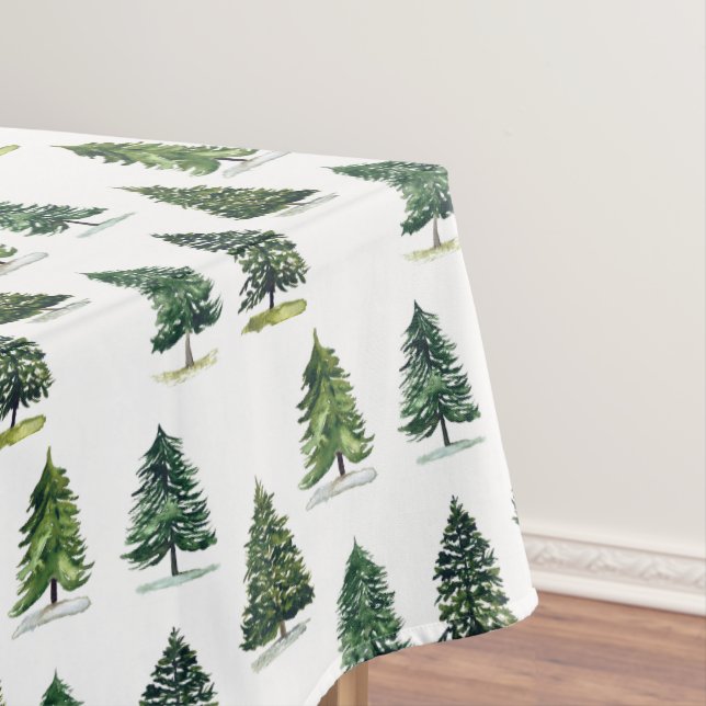 Pine trees pattern Christmas Green Watercolor Tablecloth (In Situ)