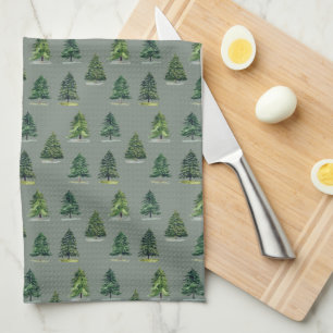 Pine trees pattern Christmas Green Watercolor Tea Towel