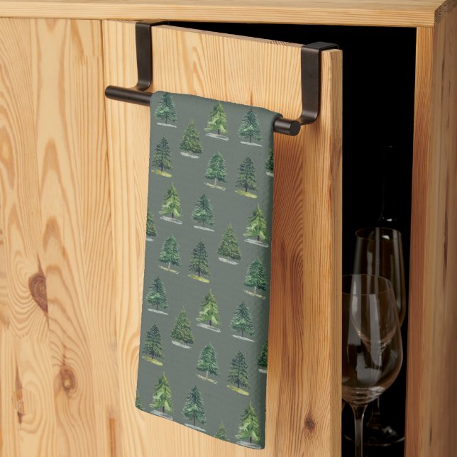 Pine trees pattern Christmas Green Watercolor Tea Towel (Thirds Fold)