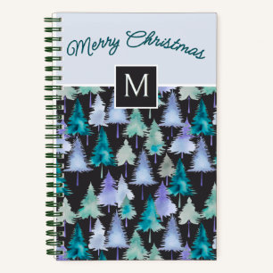 Pine Trees Pattern Festive Blue & Green Christmas Notebook