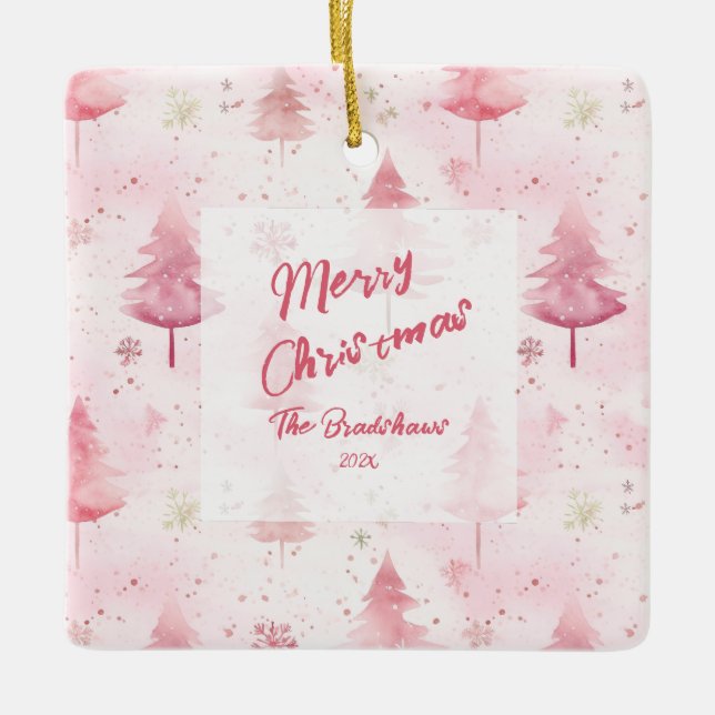 Pine Trees Pink Watercolor Christmas Ceramic Ornament (Front)