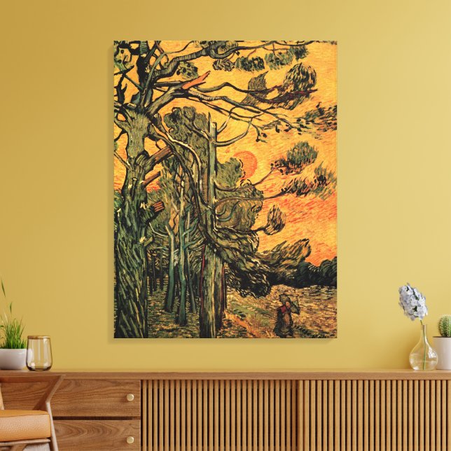 Pine Trees Red Sky Setting Sun by Vincent van Gogh Canvas Print (Insitu(LivingRoom))