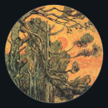 Pine Trees Red Sky Setting Sun by Vincent van Gogh Classic Round Sticker<br><div class="desc">Pine Trees against a Red Sky with Setting Sun by Vincent van Gogh is a vintage fine art post impressionism landscape nature painting. A pine tree forest with a glowing red and orange sky at sunset. The sun is glowing through the evergreen tree branches, pine cones and needles in the...</div>