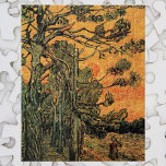 Pine Trees Red Sky Setting Sun by Vincent van Gogh Jigsaw Puzzle<br><div class="desc">Pine Trees against a Red Sky with Setting Sun by Vincent van Gogh is a vintage fine art post impressionism landscape nature painting. A pine tree forest with a glowing red and orange sky at sunset. The sun is glowing through the evergreen tree branches, pine cones and needles in the...</div>