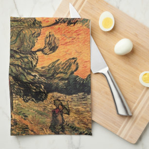 Pine Trees Red Sky Setting Sun by Vincent van Gogh Tea Towel
