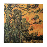 Pine Trees Red Sky Setting Sun by Vincent van Gogh