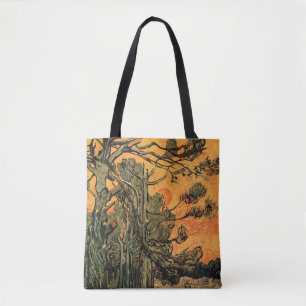 Pine Trees Red Sky Setting Sun by Vincent van Gogh Tote Bag