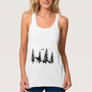 Pine trees silhouettes with animals in black singlet