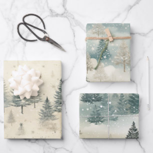  Pine Trees Snow Watercolor Christmas Wrapping Paper Sheet