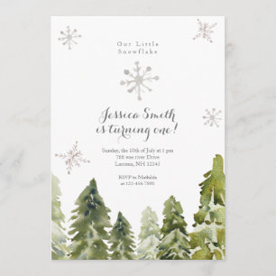 Pine Trees Snowflakes 1st birthday Invitation
