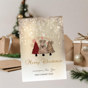 Pine Trees, Snowflakes Gold Holiday Card