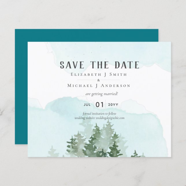 Pine Trees Teal and Sage Wedding Save Date (Front/Back)