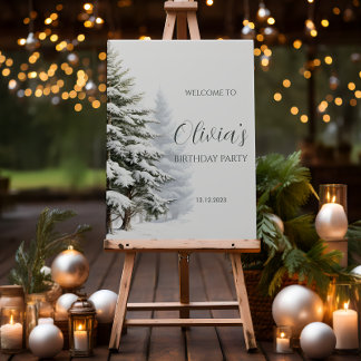 Pine Trees Winter Onederland Birthday Welcome Poster