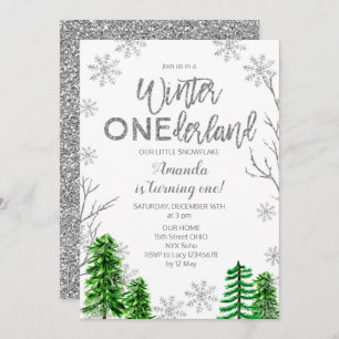 Pine Trees Winter ONEderland First Birthday Invite