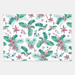 Pine Twigs and Holly Berries Wrapping Paper Sheet