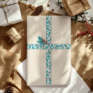 Pine Twigs and Red Berries Christmas Pattern White Satin Ribbon