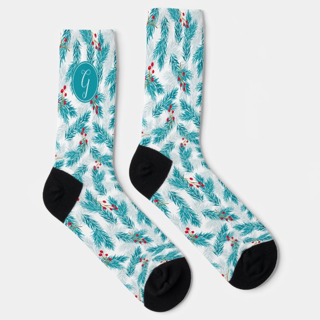 Pine Twigs and Red Berries Christmas Pattern White Socks (Right)