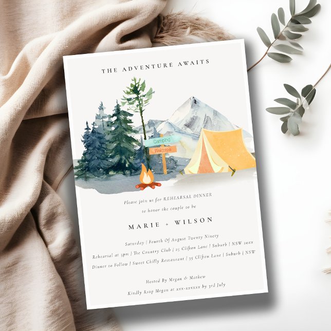 Pine Woods Camping Mountain Rehearsal Dinner Invitation (Creator Uploaded)