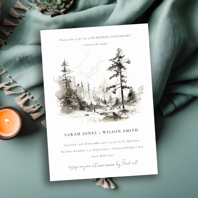 Pine Woods Landscape Sketch Wedding Anniversary  Invitation (Creator Uploaded)
