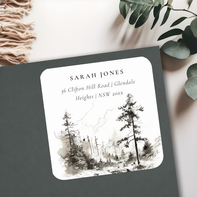 Pine Woods Mountain Landscape Sketch Address Square Sticker (Creator Uploaded)