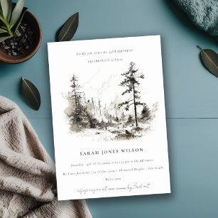 Pine Woods Mountain Landscape Sketch Birthday Invitation